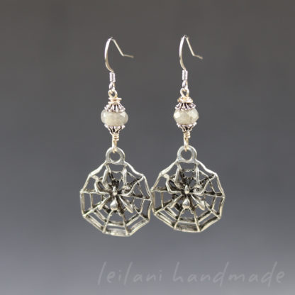 spider on web and labradorite earrings