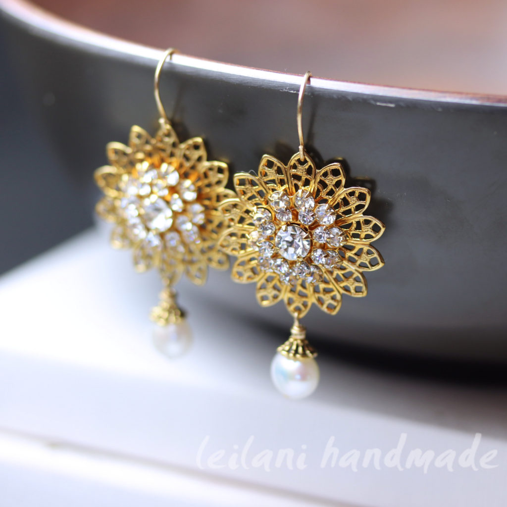 gold filigree swarovski sunflower earrings
