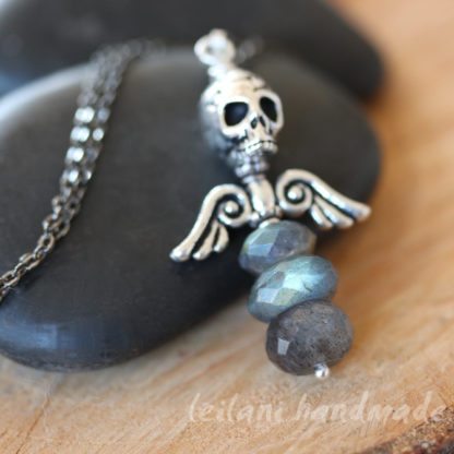 faceted rondelle labradorite stack pendant with skull and wings