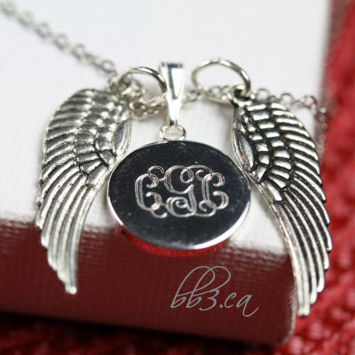 Angel Wings Mongram Necklace Engraved