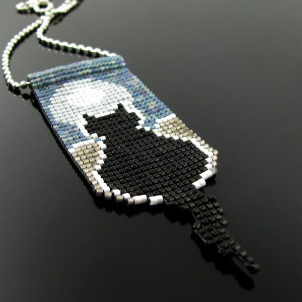 Bead loomed pendant Silhouette Cat - By Cat's Wire/Heathercats collaboration