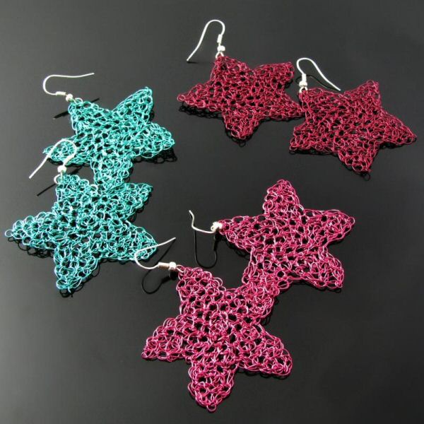 Colorful Wire Crochet Star Earrings by Cat's Wire