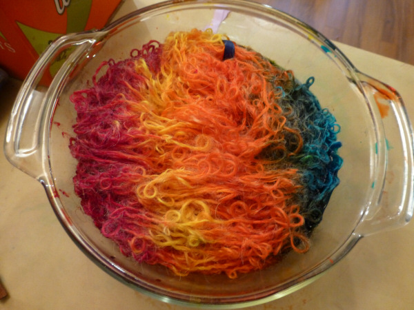 acid dye applied in stripes to dye mohair handspun yarn