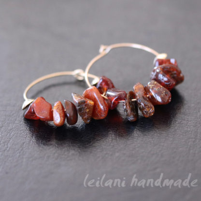 gold filled hoops with chunky earthy amber chip beads