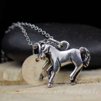 silver horse charm necklace with engraved letter charm