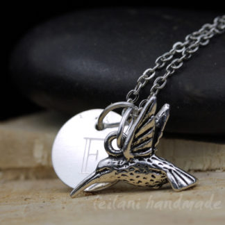 silver hummingbird necklace with engraved letter charm