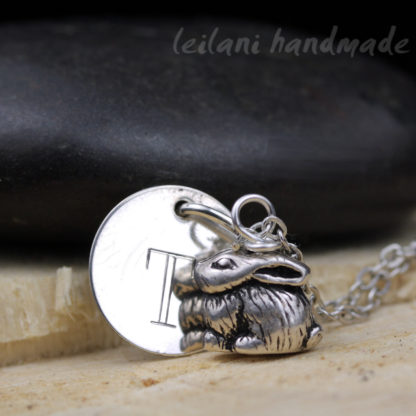 sterling silver bunny necklace personalized with a letter charm