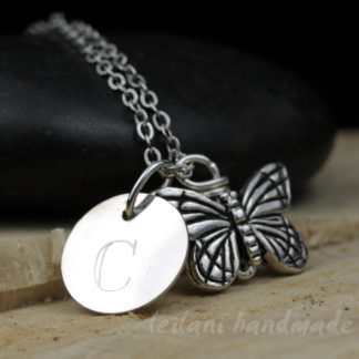 butterfly charm necklace with engraved letter charm