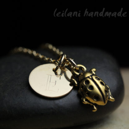 gold ladybug charm with engraved letter charm gold-filled necklace