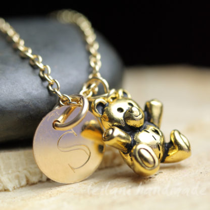cute gold teddy bear charm with gold-filled emgraved letter charm necklace