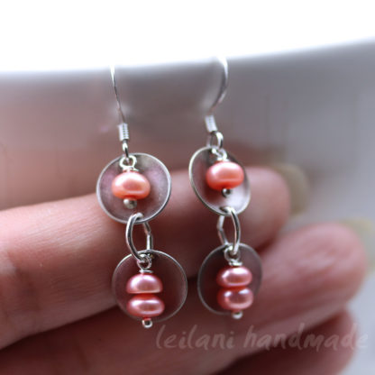 pink button pearl and antque silver dangle earrings