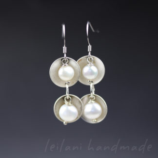 earrings with double freshwater pearl and hand domed disks