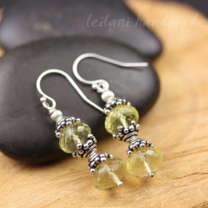 sparkly lemon quartz earrings with pewter bead cap accents