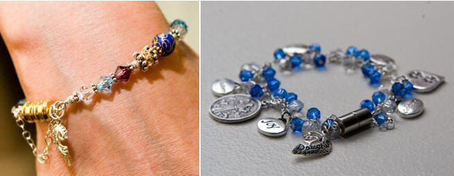 left my mother wearing her bracelet on my wedding day; right is my wedding charm bracelet. See the mother-daughter half hearts?
