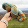 a hand holding a skein of yarn in an outdoor setting called beachy keen