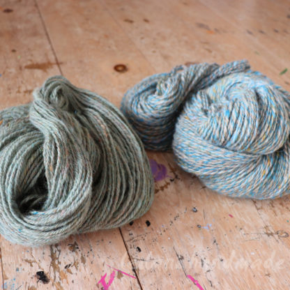 2 skein alpaca handspun yarn light moss green and natural with dyed blue