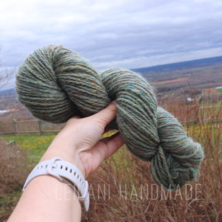 A hand holds up a skein of green, multi-tonal yarn against an outdoor backdrop with a cloudy sky and a sprawling landscape.