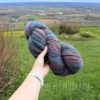 A hand holds a skein of multicolored yarn in front of a scenic rural landscape with green grass, yellow flowers, distant fields, and a wooden fence. The sky is partly cloudy. Text at the bottom reads “LEILANI HANDMADE.”.