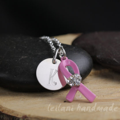 pink ribbon awareness necklace personalized with engraved letter charm