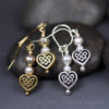 celtic heart earrings silver or gold with freshwater pearl accent