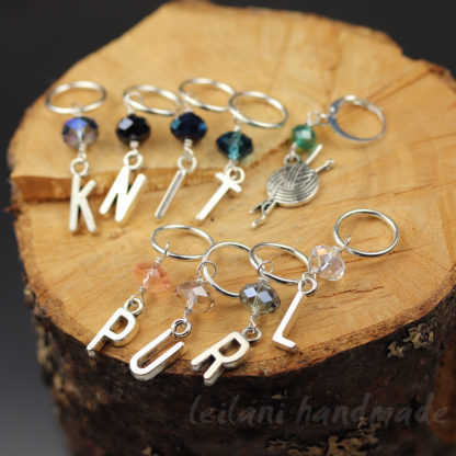 letter stitch marker set that spells out knit purl
