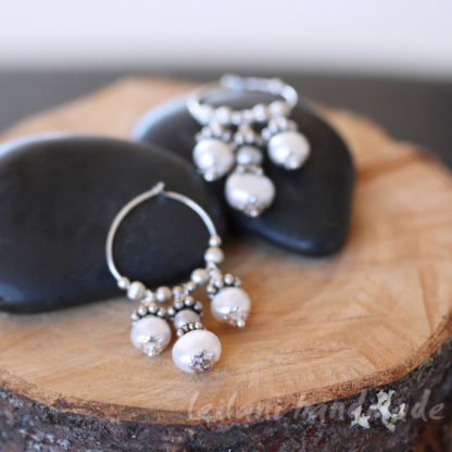 sterling silver hoop pearl earrings with with grey accent