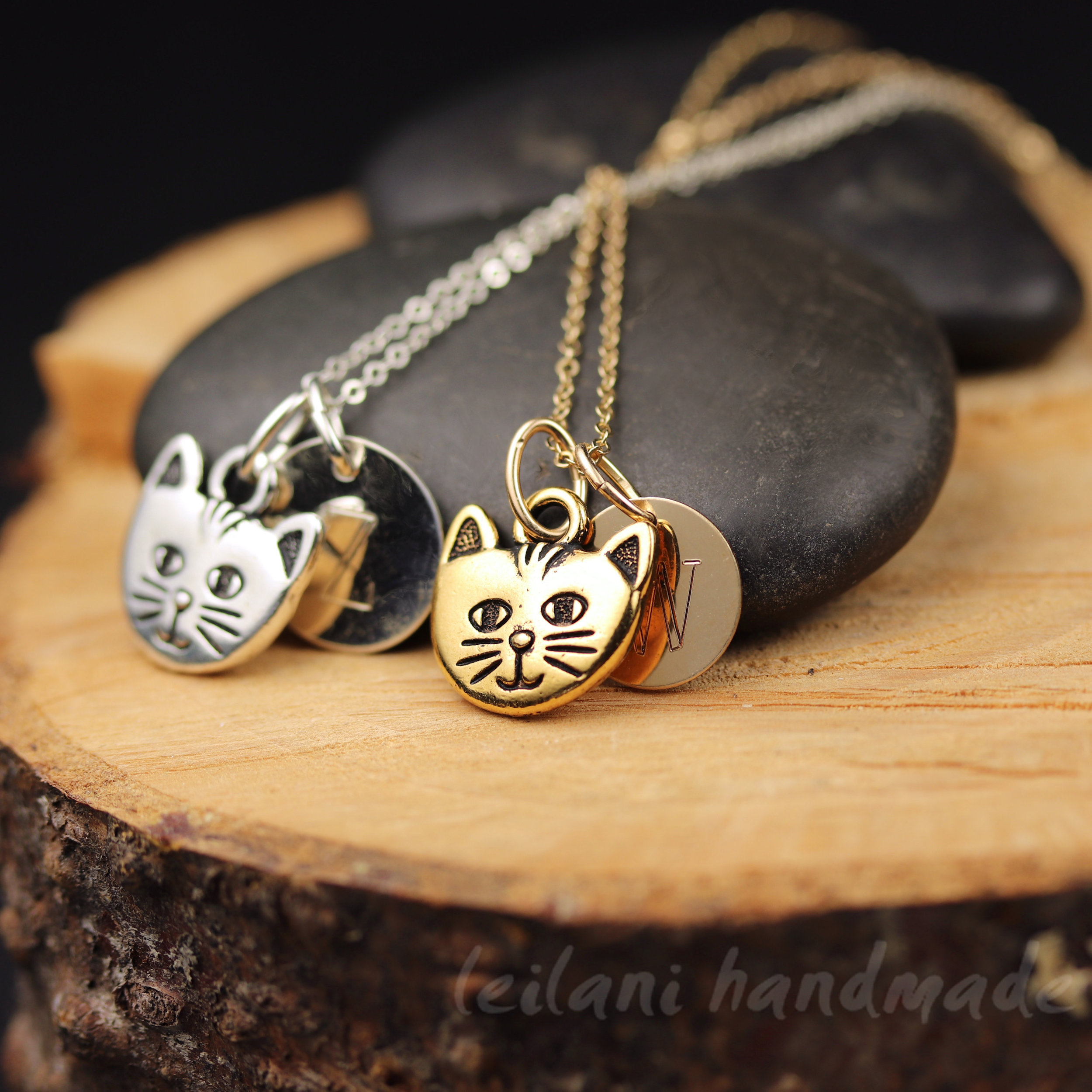 silver or gold cat face charm necklace