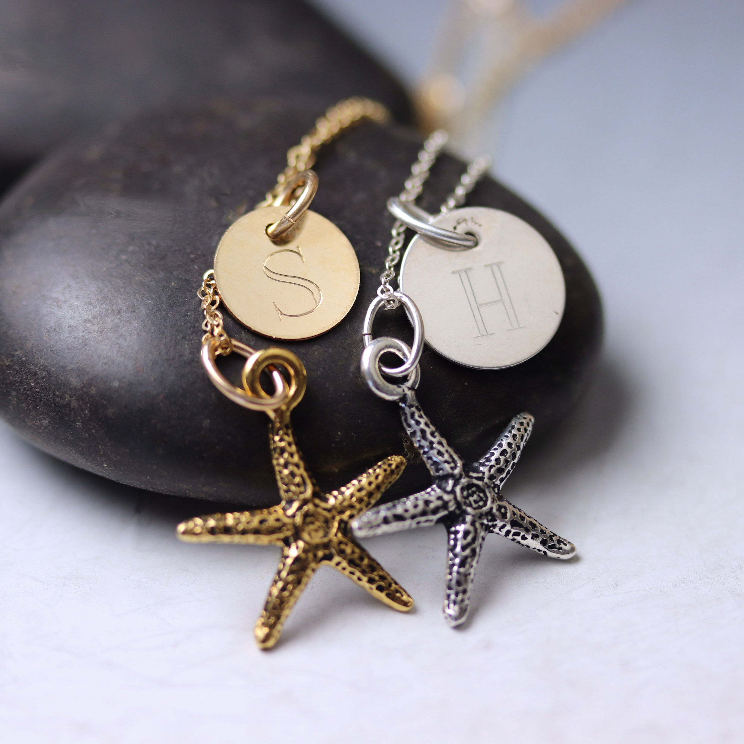 starfish charm necklace with engraved letter of choice