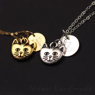 cute cat face necklaces in silver or gold with an engraved name or initial charm