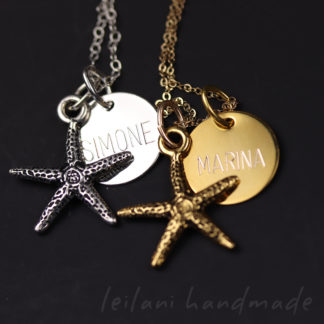 starfish necklace in silver and gold with engraved name disks that says SIMONE and MARINA