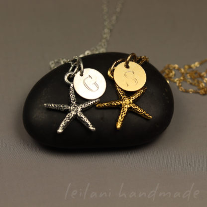 starfish necklace in silver or gold personalized with a letter charm engraved with G and S
