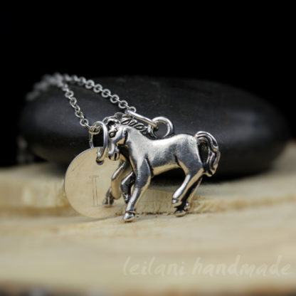 silver horse keepsake necklace with engraved letter charm