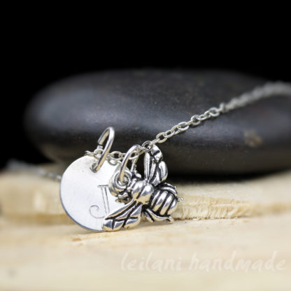 silver bee keepsake necklace with engraved letter charm