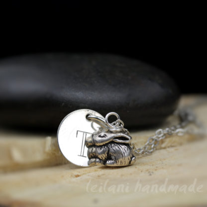 silver bunny necklace with engraved letter charm
