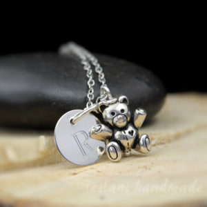 silve teddy bear necklace with engraved letter charm