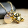 gold teddy bear necklace with engraved letter charm
