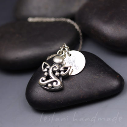 filigree angel charm and engraved initial charm necklace