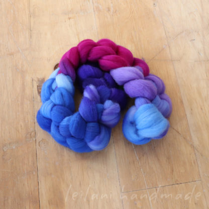 hand dyed merino roving braid shades of purple and blue