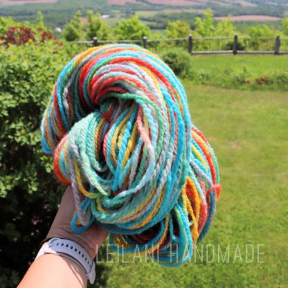 A hand holds a colorful skein of yarn outdoors. The yarn features vibrant shades of blue, yellow, orange, red, and green. In the background, there’s a grassy lawn, trees, a wooden fence, and rolling hills under a partly cloudy sky.