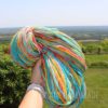 A hand holds a skein of colorful, multicolored yarn outdoors with a scenic, green landscape and distant hills in the background under a clear sky.