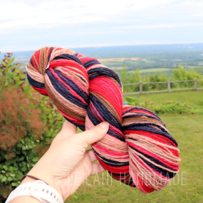 A hand holds a skein of multicolored yarn with red, tan, dark blue, and pink hues. In the background, there is a grassy landscape with trees, a wooden fence, and a distant view of fields under a blue sky.