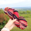A hand holds a skein of multicolored yarn with red, tan, dark blue, and pink hues. In the background, there is a grassy landscape with trees, a wooden fence, and a distant view of fields under a blue sky.