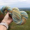 A hand holds a skein of multicolored yarn in shades of blue, yellow, cream, and brown outdoors with a blurred green landscape and distant sky in the background. "LEILANI HANDMADE" is faintly visible at the bottom of the image.
