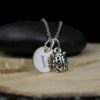A silver ladybug necklace features a round pendant engraved with the letter "V" and a detailed ladybug charm. Both pendants hang from a delicate chain, draped over a smooth black stone on a wooden surface. The text "LEILANI HANDMADE" is faintly visible.
