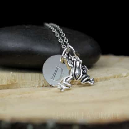 A silver necklace with a frog charm and a round pendant engraved with the letter "D" rests on a smooth black stone atop a light wooden surface. The background is dark, highlighting the details of the jewelry.